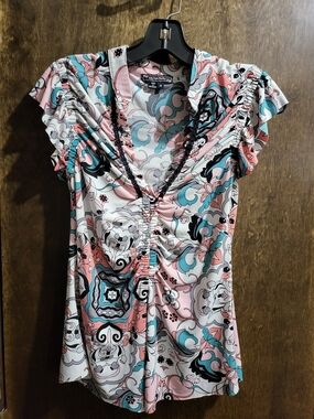 My Michelle Pink & Teal Ruched V-Neck Blouse